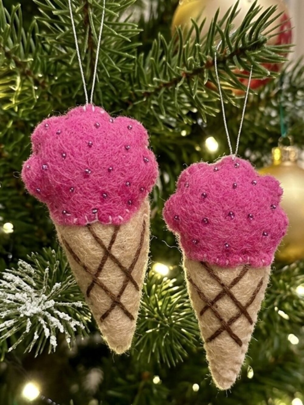Hand-Felted Strawberry Ice Cream Cone Ornaments (Set of 2)